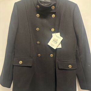 Zara  MANTECO Black Coat with Gold Button Detail